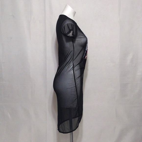 Occasion Edgy Black Mesh Embellished Graphic Top Short Sleeve GIRL BOSS Tee M - Picture 6 of 10